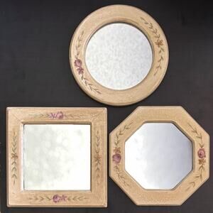 Vintage Mirror Set Hand Painted Cream Pink Rosebud Wall Decor 1980s